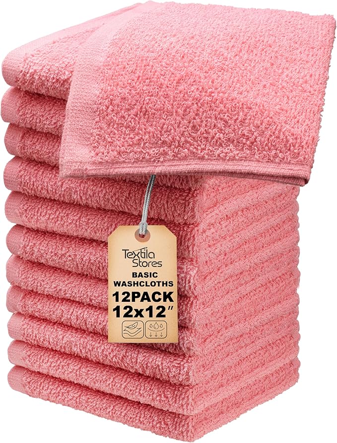 Basic Wash Cloths 12x12 Inches – Pack of 12 – Rose Pink Color – Soft and