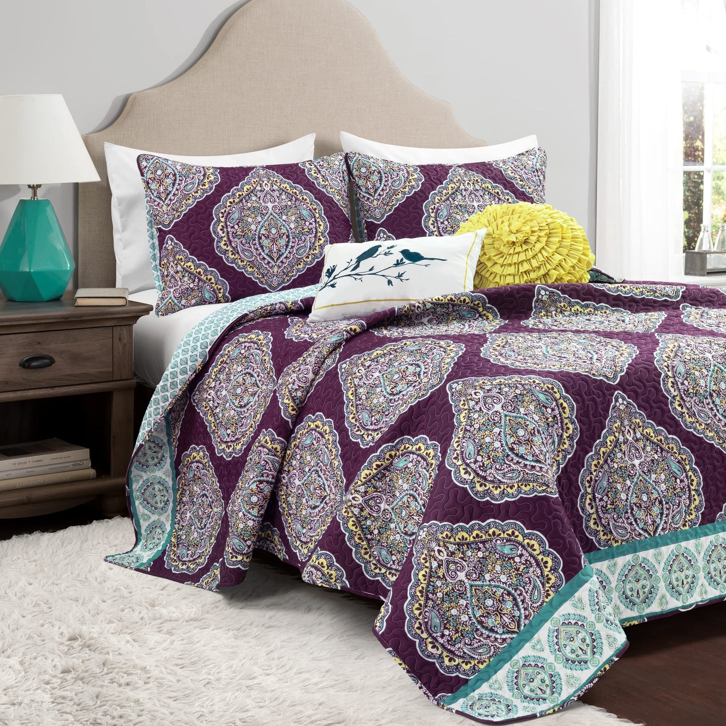 Lush Decor Harley Reversible King Queen Size 5 Piece Set Purple & Turquoise - Boho Bedding Set King Quilt - Purple Quilts - Boho Bedroom Decor