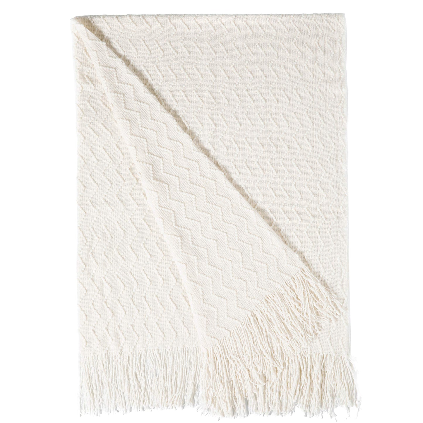 Decorative Chevron Pattern Knit Throw Blanket, 50x60 in, Made with Premium Yarns for Softness and Durability, Finished with Chic Fringe will Add a Cozy Touch to Your Living Space - White, Gifting