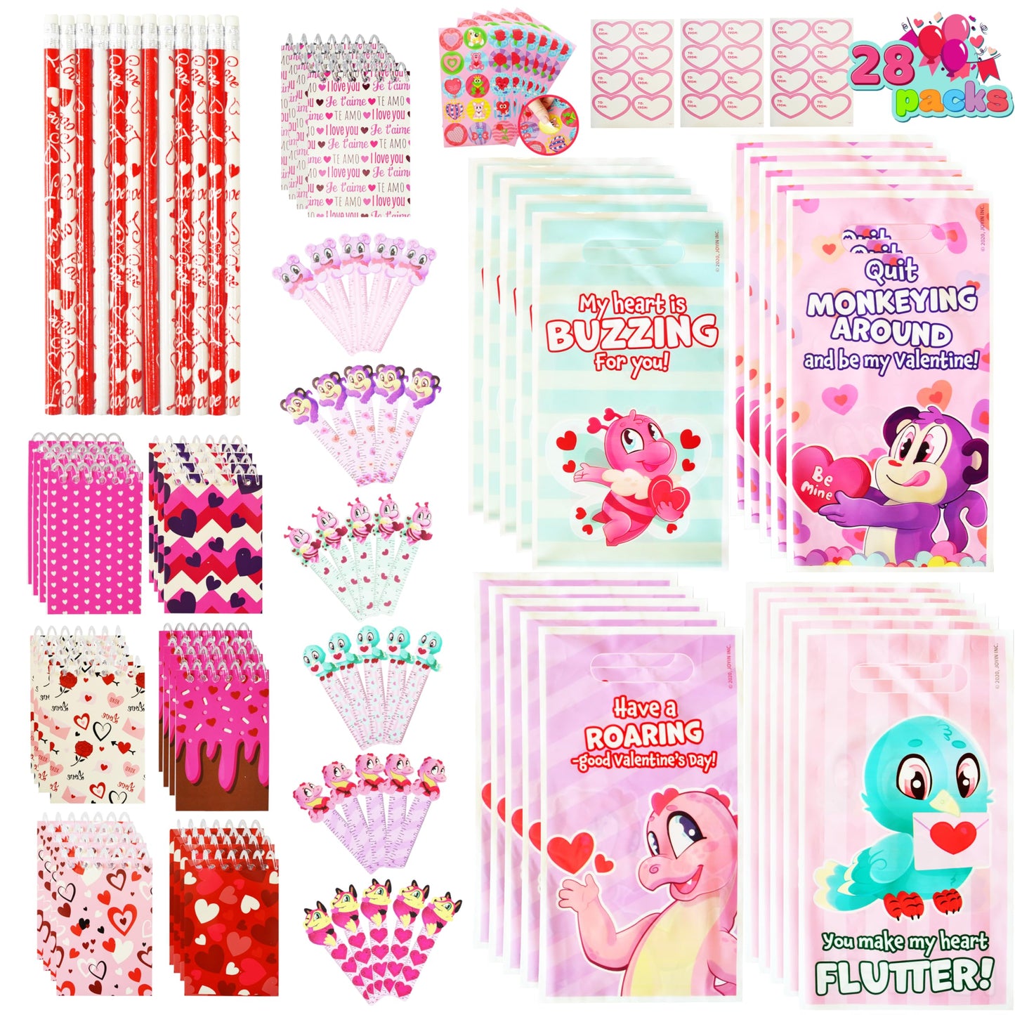 JOYIN 24packs Valentines Day Stationery Gifts, 96pcs Party Favor with Pencil, Erasers, Notebook & Bags for Kids School Classroom Exchange Supplies