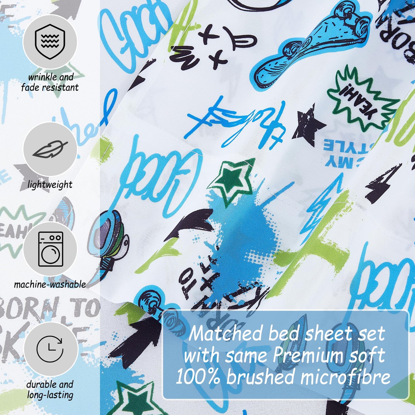 Softan Kids Bed Sheet Set, 3-Piece Twin Sheets Set, Microfiber Fitted Sheet with Corner Straps, Breathable & Silky Soft Trendy Skateboard Graffiti Printed Sheet and Pillowcase Sets