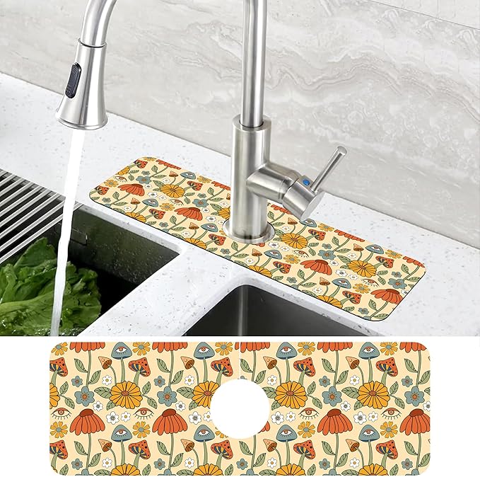 Abstract 70s Mushroom Floral Sink Faucet Absorbing Mat Sink Splash Guard Faucet