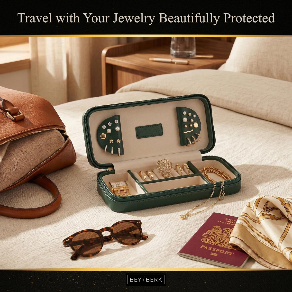 Bey-Berk Diamond-Quilted Leather Travel Jewelry Case, Green, 9" x 4" x 1.75"
