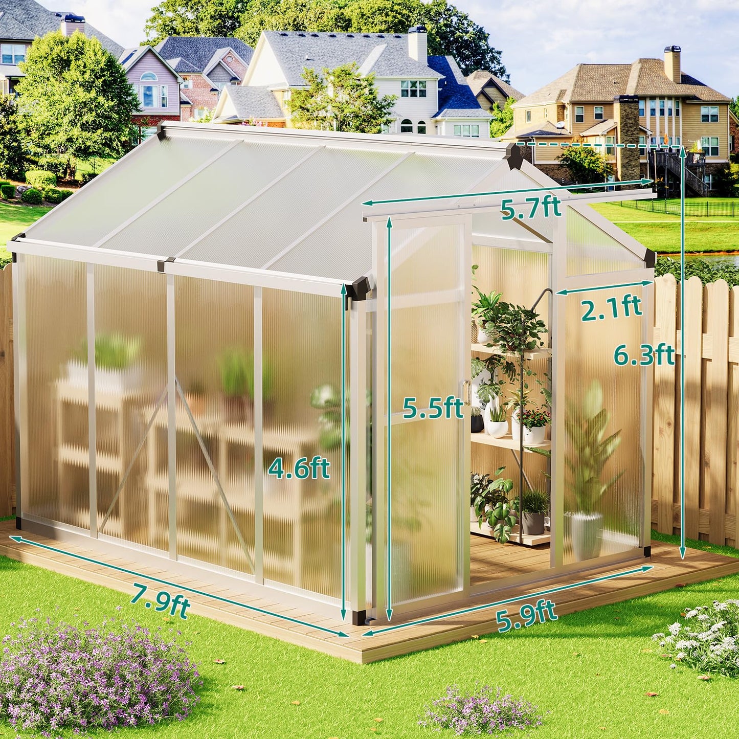 Greenhouse, Aluminum Frame & Polycarbonate Panel Greenhouse for Outdoors, Green House with Adjustable Roof Vent & Lockable Door, Durable Walk-in Green Houses for Backyard, Patio, Lawn