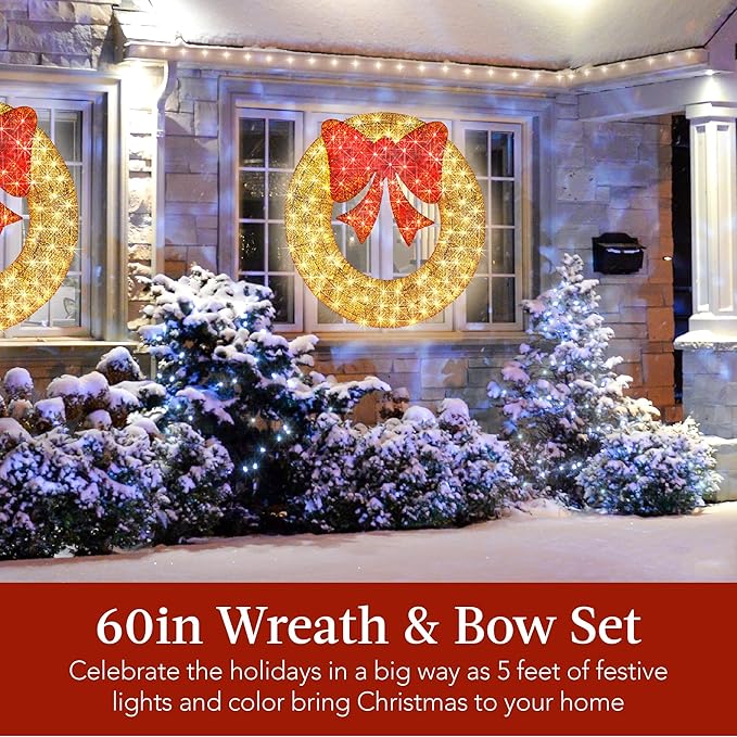 Best Choice Products 60in Pre-Lit Outdoor Christmas Wreath Decoration, LED Metal Holiday Decor for Home Exterior, Garden w/ 206 Lights, Bow - Gold/Red
