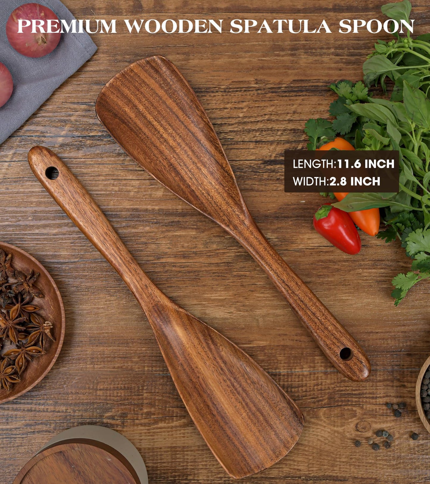 2Pcs Wooden Spatula Spoon, Multifunction Cooking Spoon for Nonstick Cookwares, Heat Resistant Acacia Wooden Spoon Spatula for Cooking, Mixing, Scooping, Scraping, BPA-Free, 11.6 x 2.8 Inch