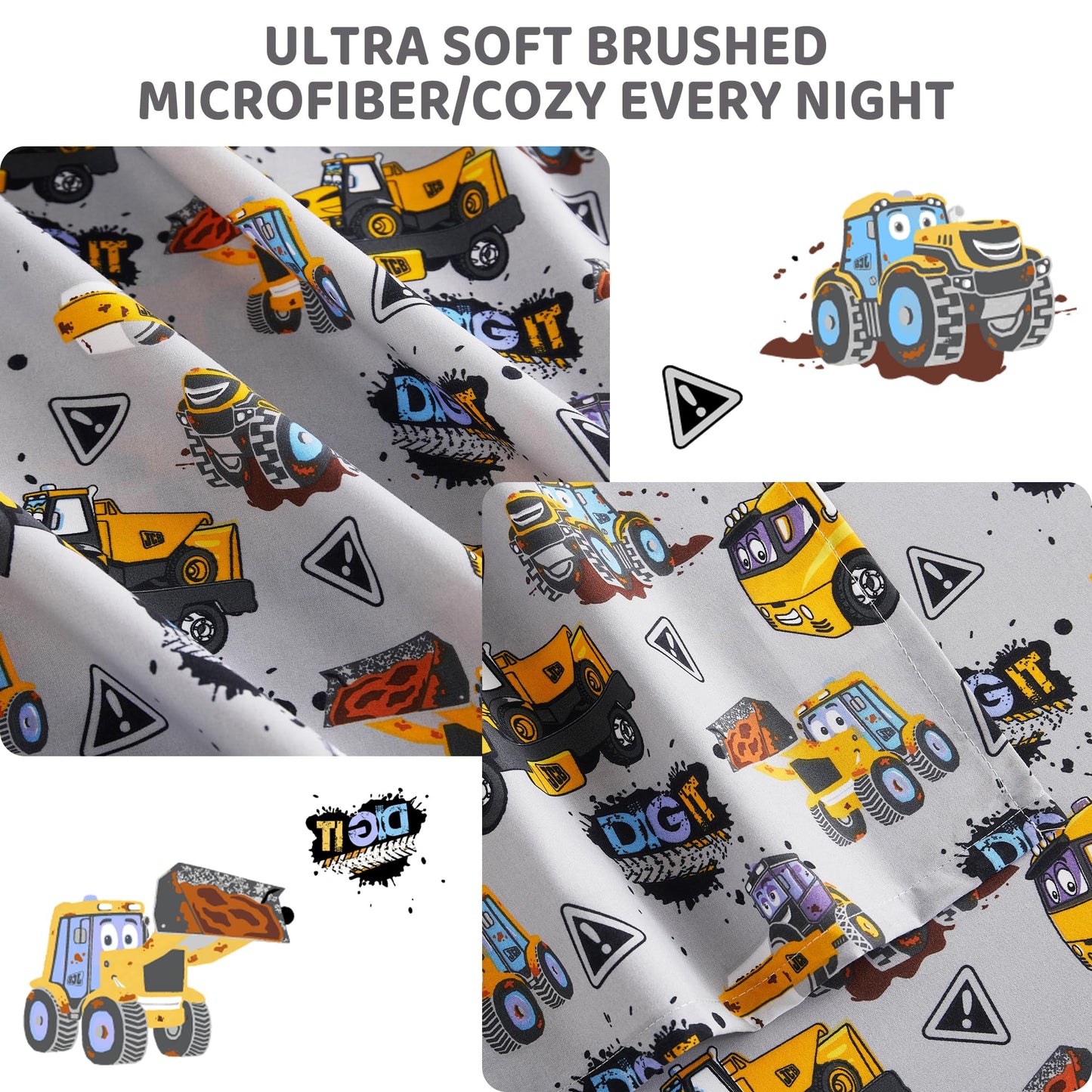 Viviland 3 Pieces Boys Grey Truck Twin Sheet Set - Soft Microfiber Fitted Flat Sheets & Pillowcase Bed Sheet Set - Heavy Duty Vehicle Print Bedding Sets for Kids