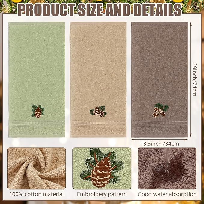 3 Pcs Rustic Pine Cone Hand Towels