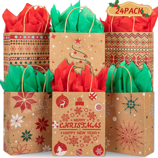24 Christmas Kraft Gift Bags with 24 Tissue Papers, 7 x 8.6 x 3 Holiday Goody Bags with Handles, Xmas Treat Bags for Party Favors, Classroom Exchange, Present Wrapping