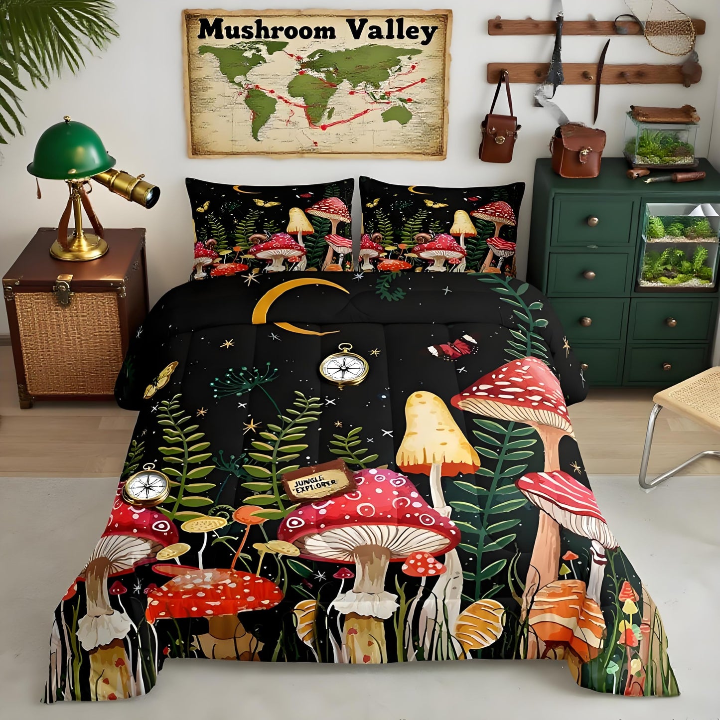 Feelyou Kids Mushroom Bedding Set Natural Wild Fungus Comforter Set for Kids Boys Girls Botanical Plants Duvet Set Butterfly Comforter 1 Comforter Set with 2 Pillowcases Full Size