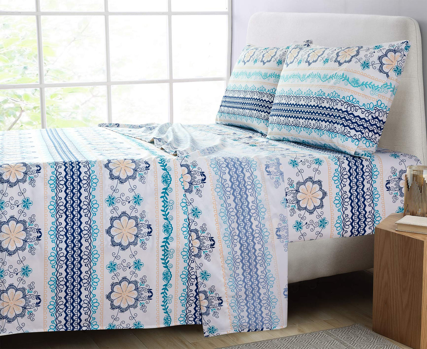 JSD Blue Boho Printed Sheet Set King Size, 4 Piece Soft Floral Microfiber Sheets Extra Deep Pocket