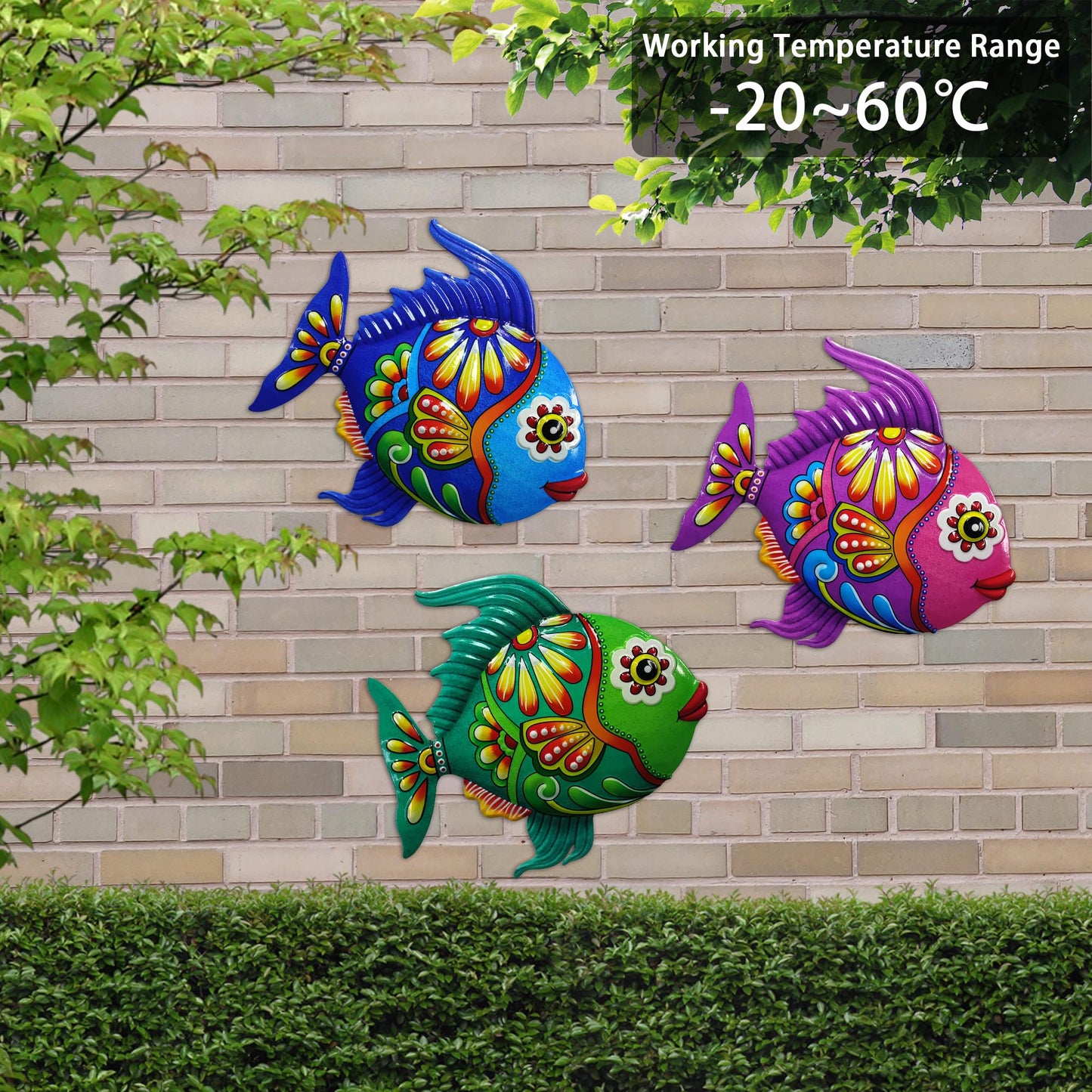 John's Studio Metal Fish Sea Wall Decor Outdoor Garden Hanging Art Sculptures Home Ocean Theme Decorations for Kitchen Bathroom and Pool - 3 PCS