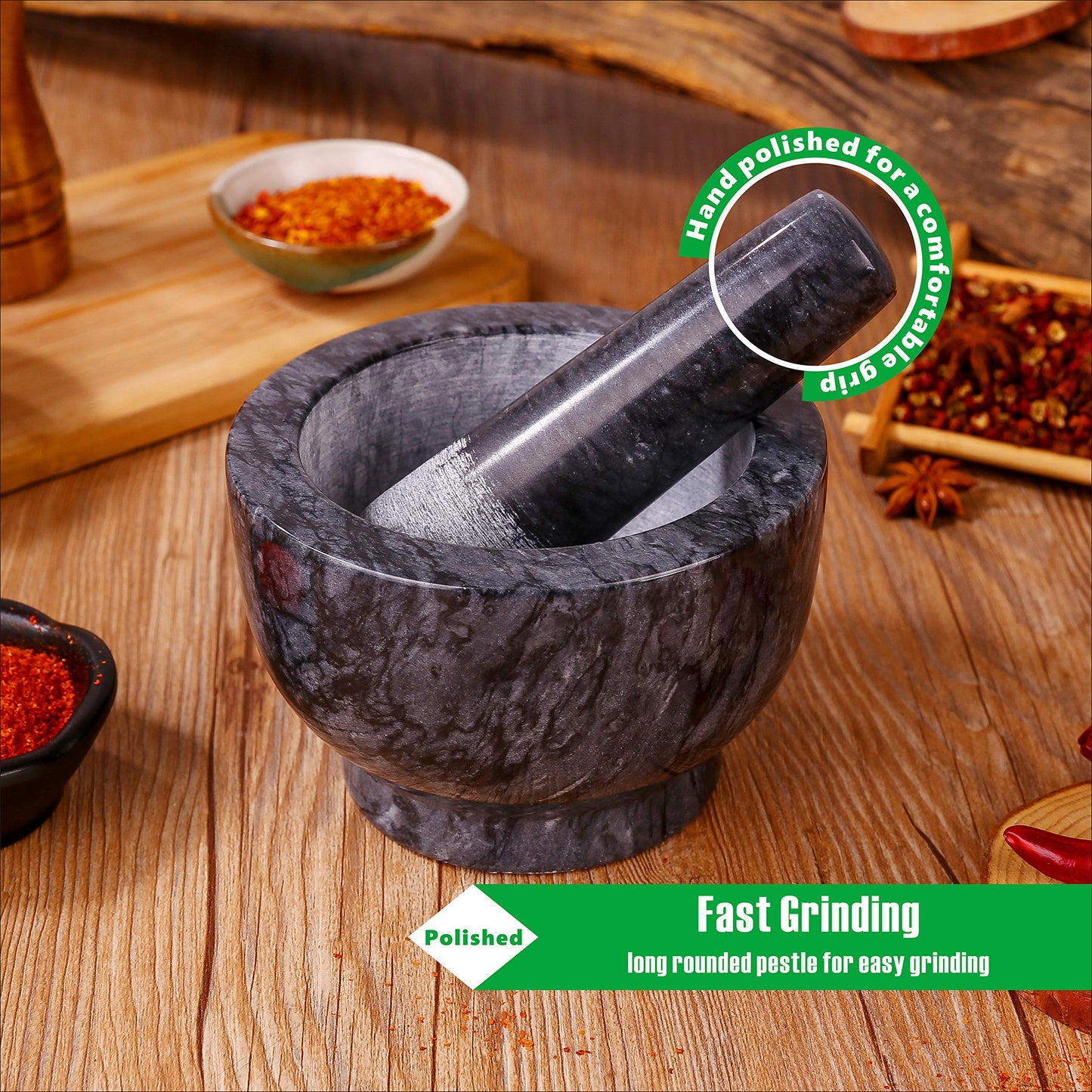 Aisiming Mortar and Pestle Set Polished Natural Marble Guacamole Molcajete Bowl, Spices Grinder with Silicone Pad, Stainless Steel Spoon and Brush, 300ml Capacity Crusher(Medium, Dark Gray)