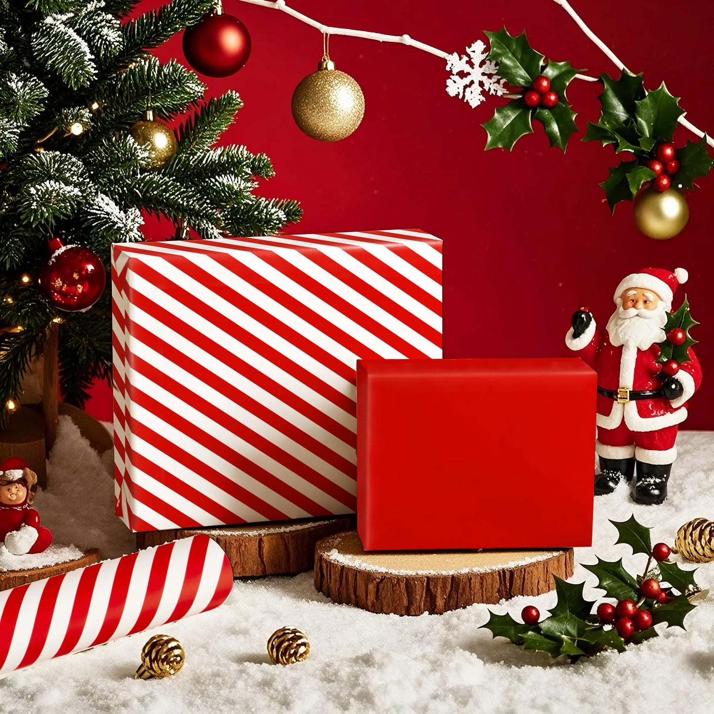 WRAPAHOLIC Reversible Wrapping Paper - Mini Roll - 17 Inch x 33 Feet - Red and Stripes Design for Christmas, Birthday, Holiday, Wedding, Baby Shower