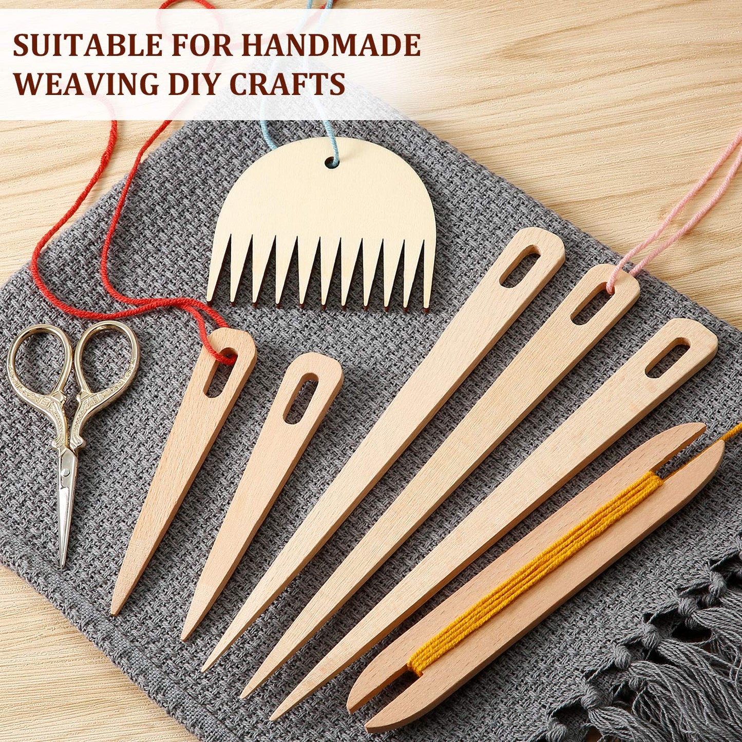 7 Piece Wood Hand Loom Stick Set - Include 5 Wooden Weaving Needles, Shuttles, Stick & Comb for Knitted Crafts DIY