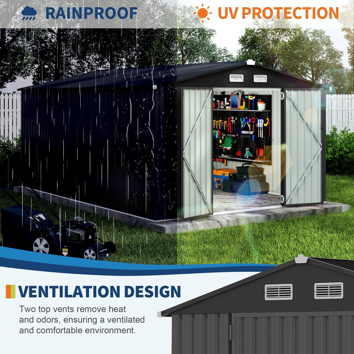 10X14 FT Metal Storage Sheds Outdoor, Metal Yard Sheds Garden Shed Kit, Tool Shed with Lockable Door, Utility Sheds Buildings with Air Vent for Backyard Garden Patio Lawn