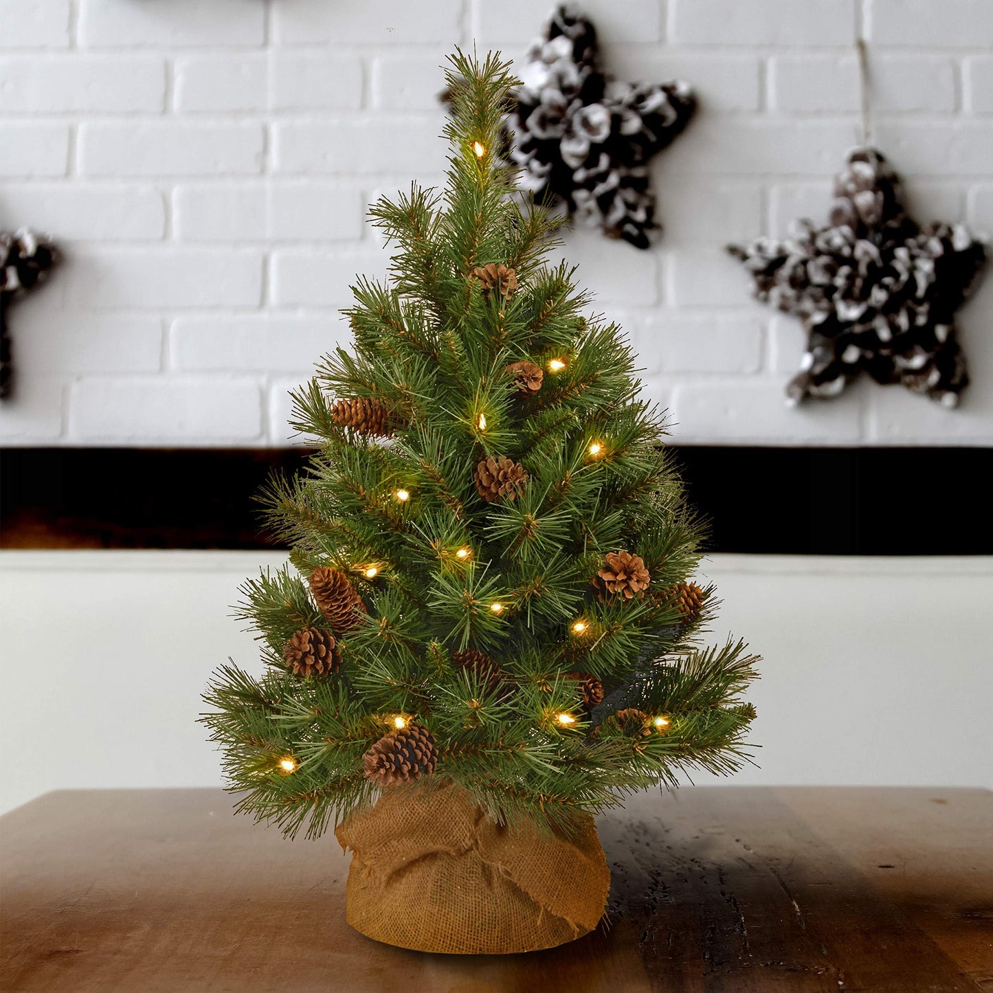 National Tree Company 3 ft Pre-Lit Mini Artificial Christmas Tree, Pinecones, 35 Clear LED Lights, 144 Tips, Timer, Burlap Base, Green