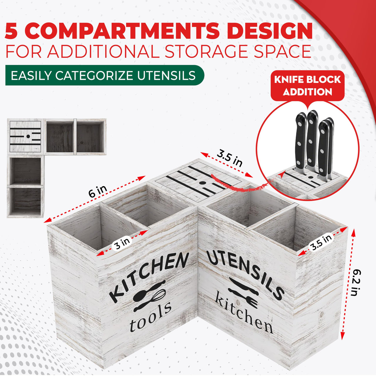 [Upgraded] Extra Large Kitchen Utensil Holder for Countertop with Knife Block, Triangle-Shaped, 5 Compartments, Removable Divider, Wooden Utensil Organizer for Countertop, Farmhouse Kitchen Decor