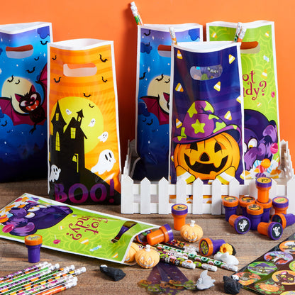 JOYIN 144 Pieces 24 Pack Assorted Halloween Themed Stationery Kids Gift Set Trick Treat Prize Party Favor Toy Including Halloween Pencils, Rulers, Stickers, Stamps and Erasers in Trick or Treat Bags