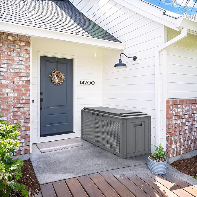 Greesum 100 Gallon Resin Deck Box Large Outdoor Storage with Cushions for Patio Furniture, Garden Tools, Pool Supplies, Weatherproof and UV Resistant, Lockable,Gray