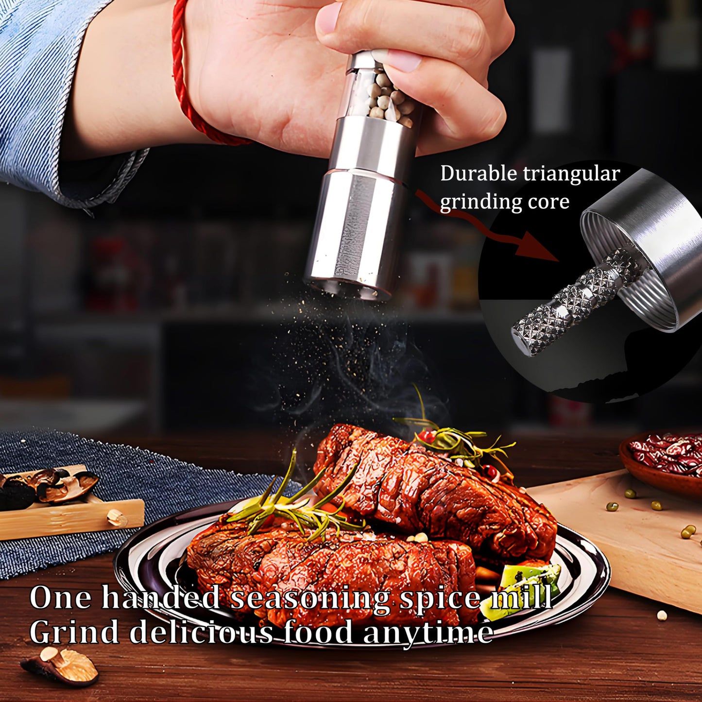 LntJoQxbm Push button salt and pepper grinder, One handed seasoning spice mill gadgets, 1 Pcs or Buy more, Solid stainless, silver