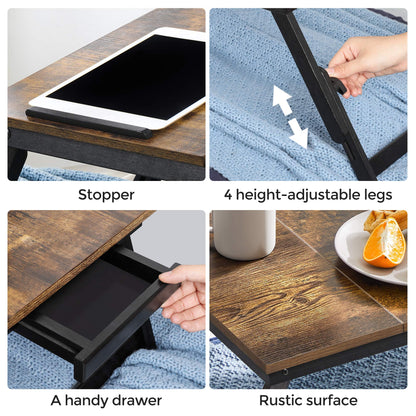 SONGMICS Laptop Desk, Bed Sofa Breakfast Tray, Adjustable Tilt Top, Right-Left Handed, Adjustable Folding Legs, Drawer, Rustic Dark Brown ULLD110B01