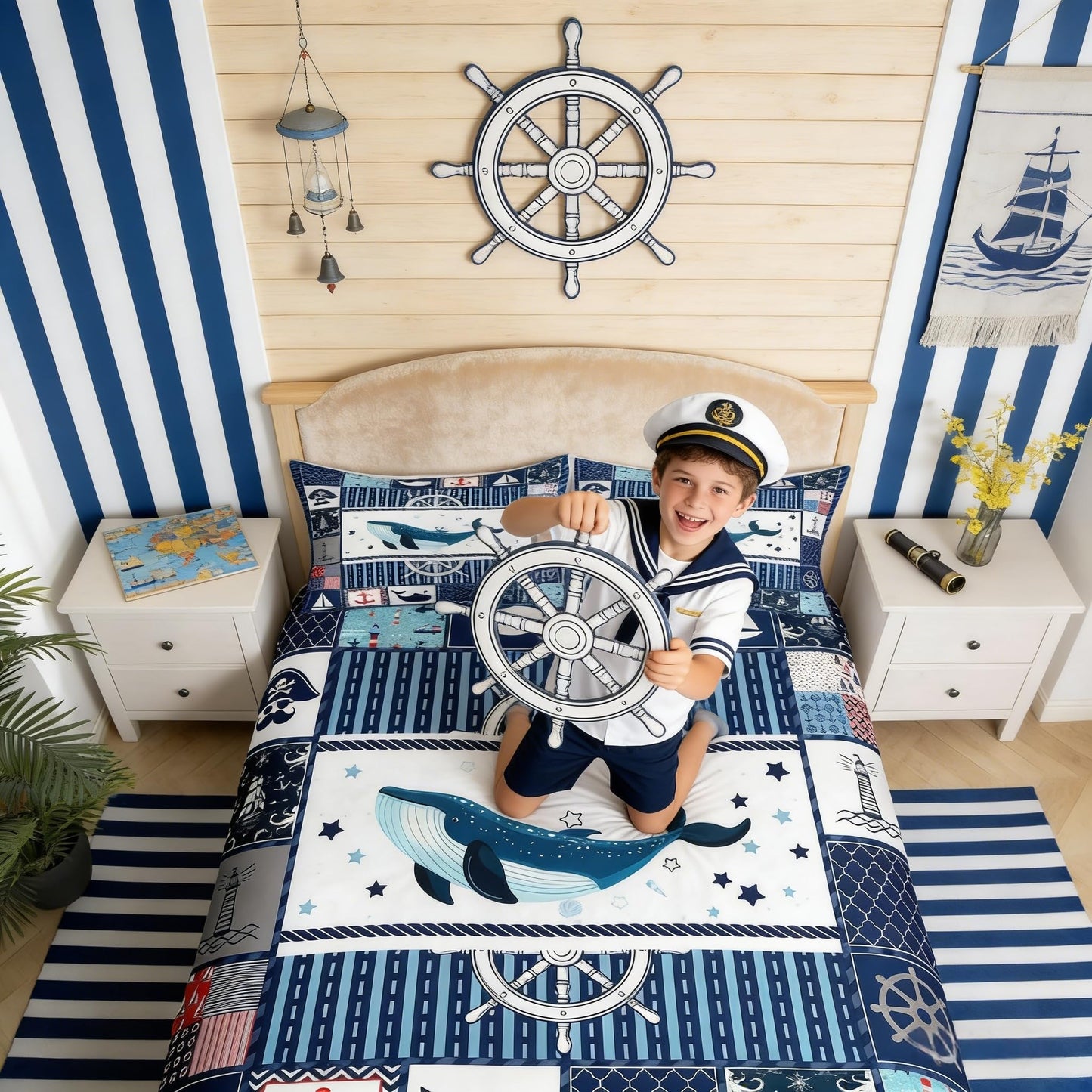 Homewish Sea Whale Duvet Cover Set Full Size,Nautical Anchor Ship Rudder Plaid Comforter Cover with 2 Pillowcases,Navy Blue Ocean Geometric Breathable Bedspread for Boys Teens,Pillow Sham