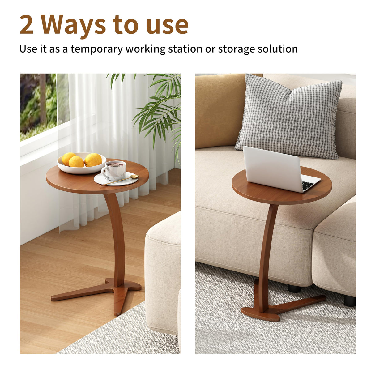 FIDOOM C Shaped End Table, Small Round Side Table for Couch, Slide Under Sofa Tray Desk for Living Room Bedroom, Solid Wood TV Tray Table for Narrow Space (15” Chestnut)