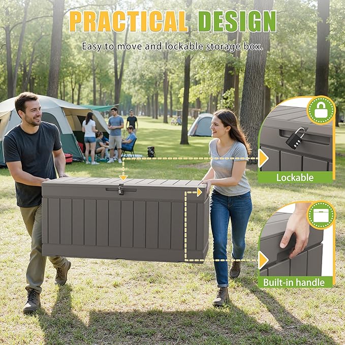 Greesum Outdoor Storage Box 82 Gallon Storage Bin with Lid for Patio Furniture, Garden Tools, Pool Supplies, Waterproof and UV Resistant, Lockable, Coffee
