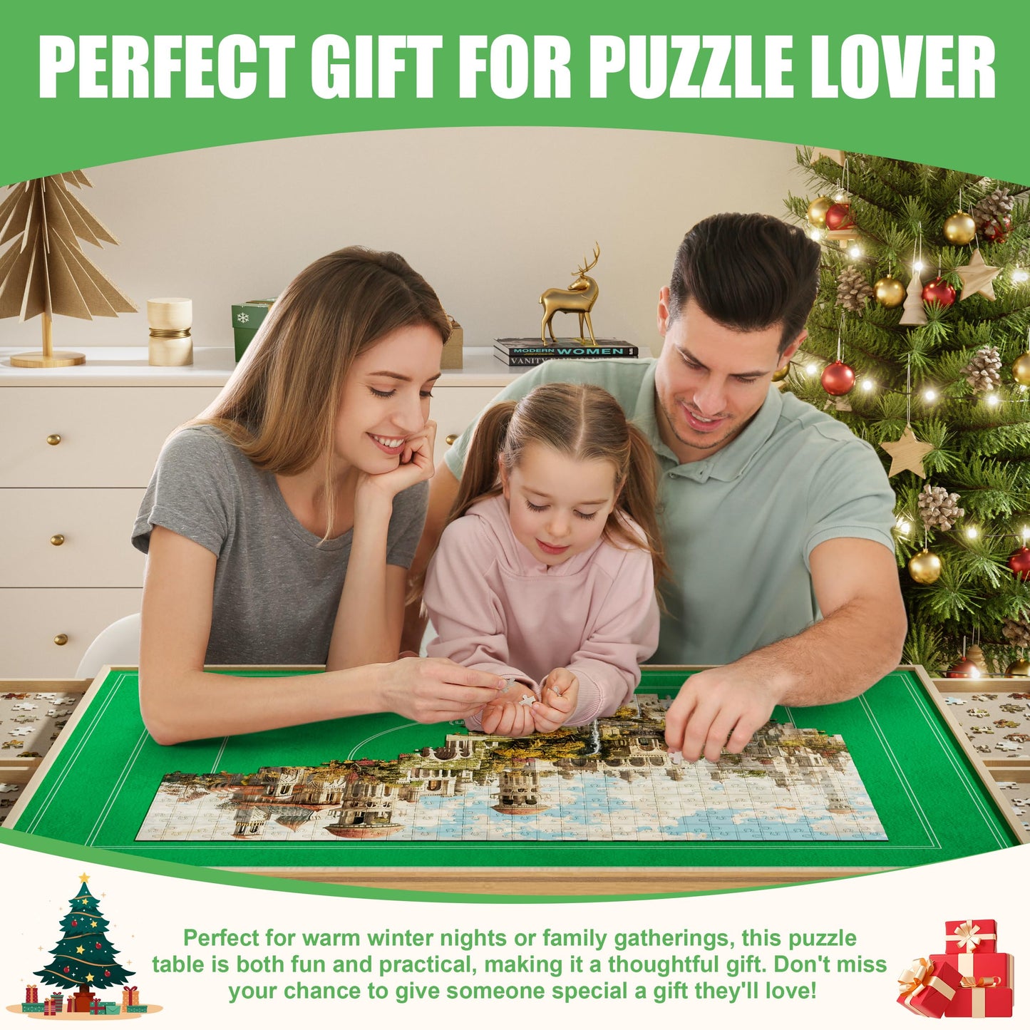 CODACE 1500 Piece Jigsaw Puzzle Table with Legs, Adjustable 5-Tilting-Angle Puzzle Board with 6 Drawers & Cover, 35"x 26" Wooden Board with 4 Wheels for Adults
