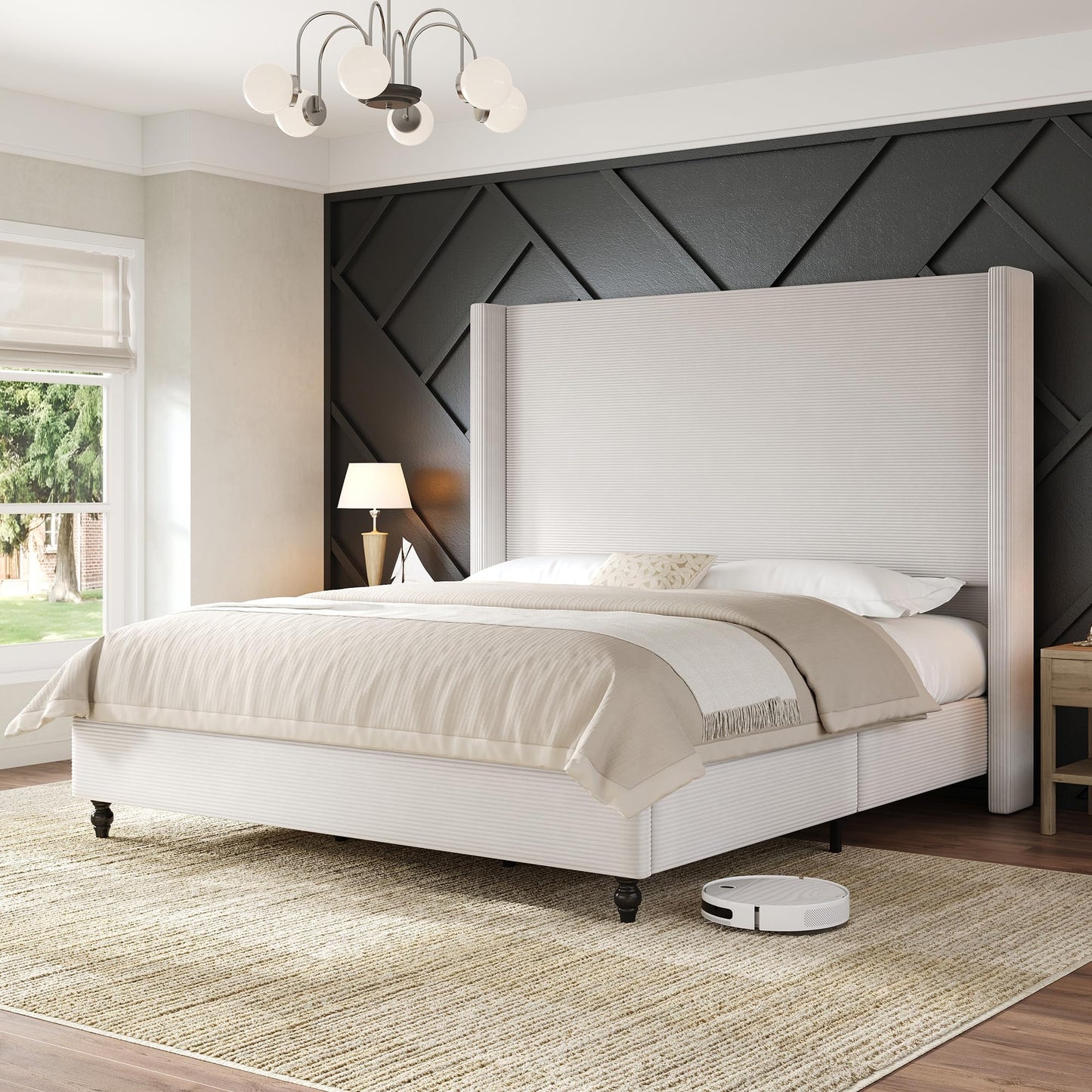 AMERLIFE Queen Bed Frame with 63" Tall Headboard, Upholstered Corduroy Bed Frame with Wingback, Platform Bed with Solid Wood Gourd Legs, Solid Slats, No Box Spring Needed, White