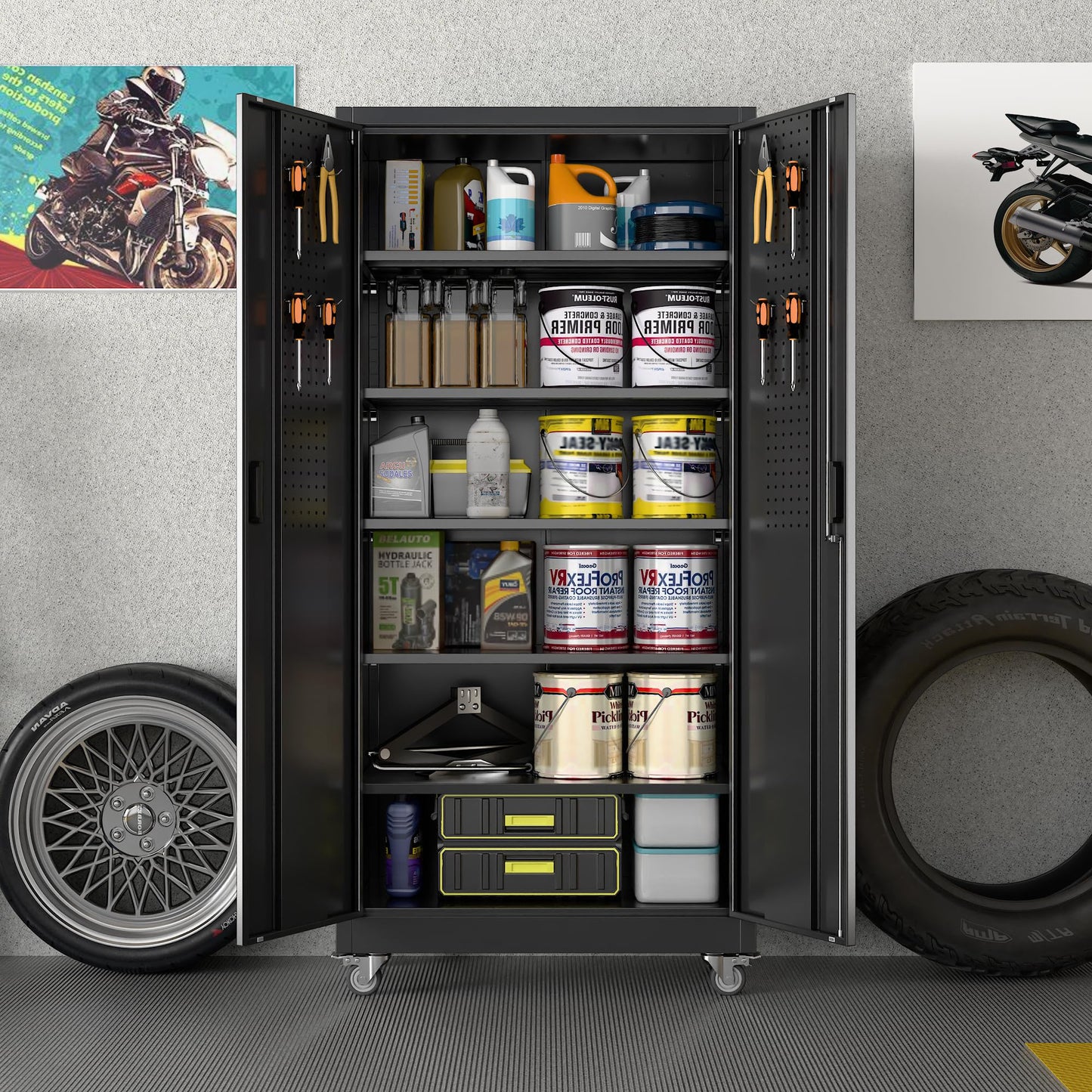 Reemoon Metal Storage Cabinet with Wheels and Pegboard, 71" Tall Garage Storage Cabinet with 5 Adjustable Shelves and Locking Doors, Heavy Duty Steel Utility Cabinet for Office