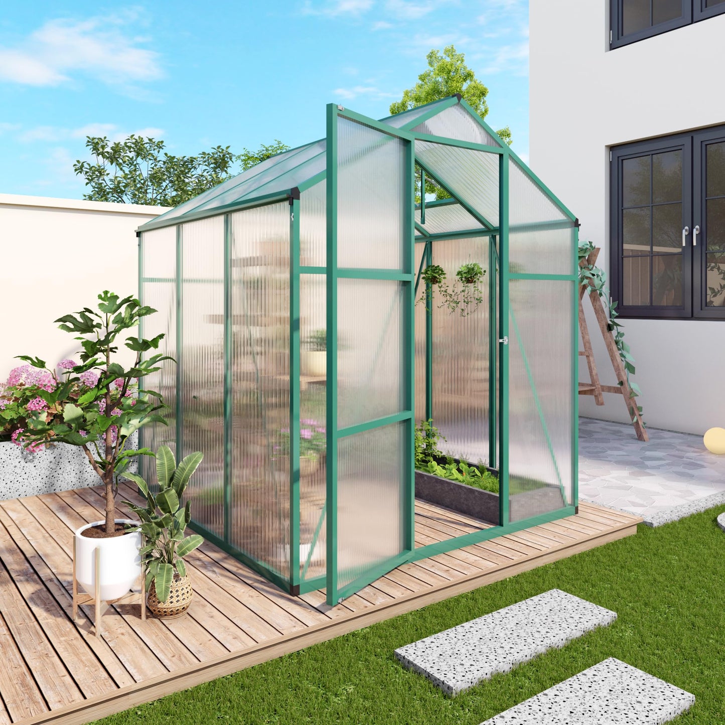 YOPTO 6x6 FT Greenhouse,Outdoor Greenhouse W/ Roof Vent,Walk-in Aluminum Polycarbonate Green Houses W/ Drainage System & Ground Nails,for Outside Garden,Backyard,Patio,Lawn,Green