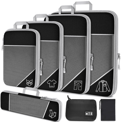 NiHome 7PCS Compression Packing Cube Set Expandable Mesh Travel Bag Luggage Organizers with Electronic Cable Cord Charger Organizer Drawstring Bag for Trip Home Storage Travel Gear Accessories (Black)