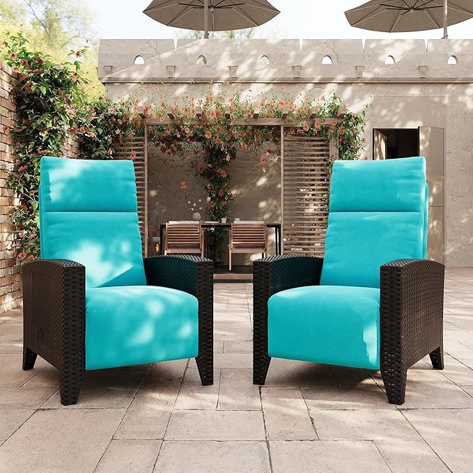 IDEALHOUSE Wicker Outdoor Recliner Reclining Patio Chairs with Adjustable Back & Footrest 150° Lay-Flat Reclining with Air Pump Rattan Flip-Up Side Table Outdoor Lounge Chairs for Pool Deck Balcony
