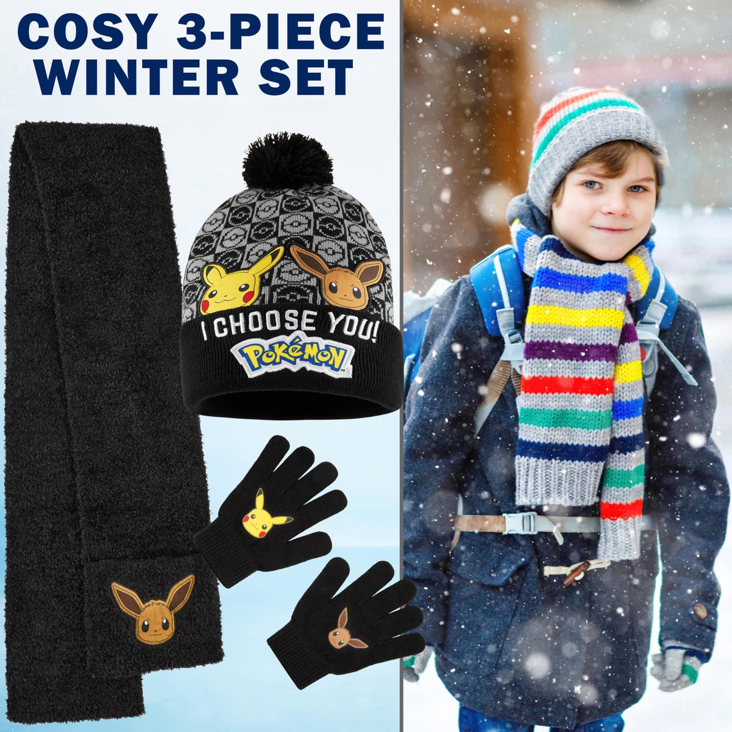 Pokemon Boys 3 Pcs Beanie, Gloves, and Scarf Set, Ages 5–12, Winter Accessories, Pikachu, Eevee, Cozy Gifts for Boys (6-14 Years, Black, 3 Pcs)