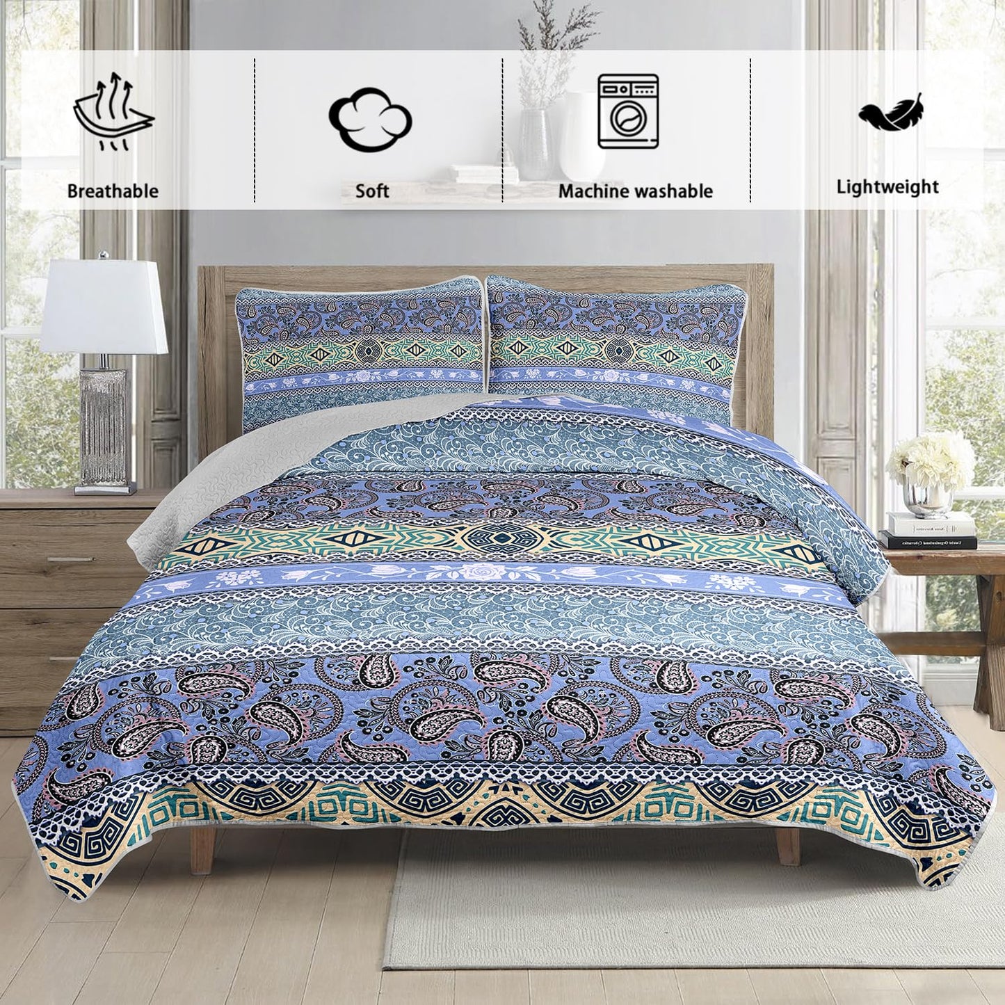 UEVBF Blue Bohemian Quilt Set Queen Size,Boho Striped Printed Bedding Bedding Set for Summer,Retro Soft Lightweight Microfiber Quilt with 2 Pillowcases.
