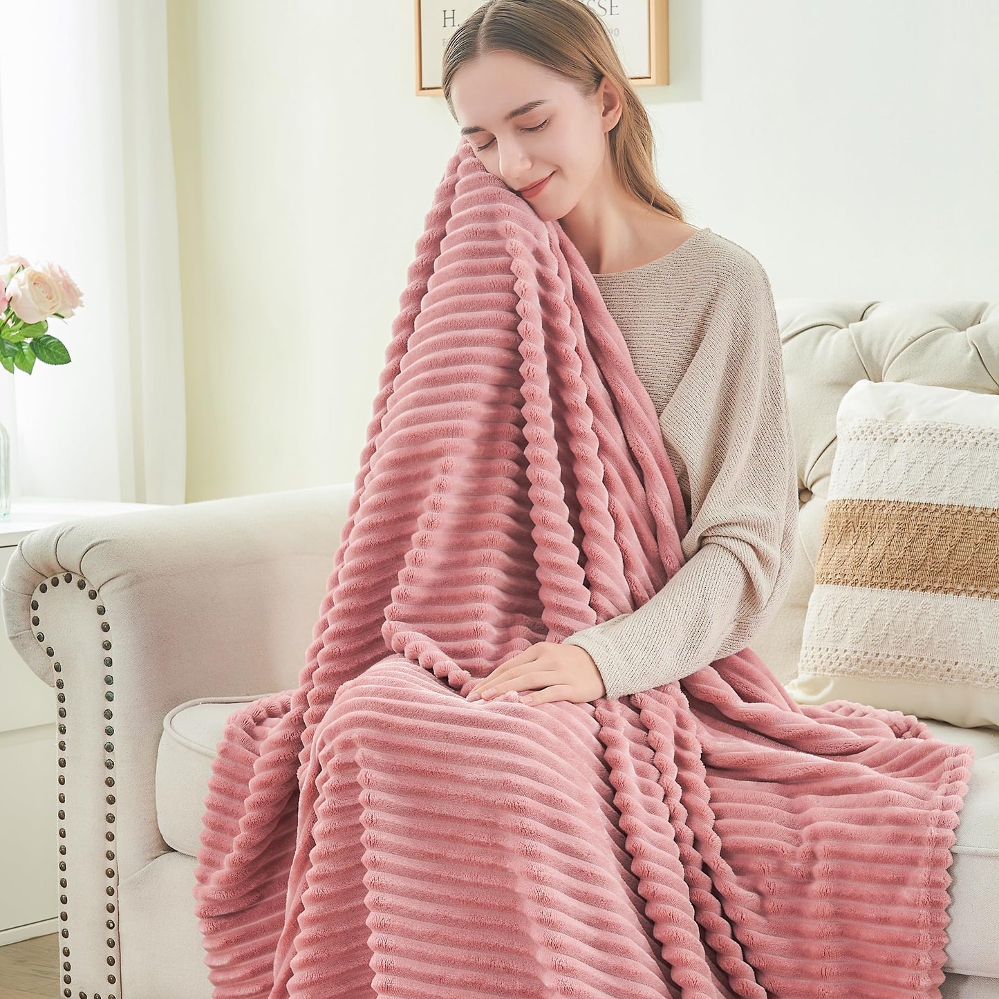 BEDELITE 2 Pieces 3D Ribbed Jacquard Soft and Warm Decorative Fuzzy Blankets, Pink, 50x60IN
