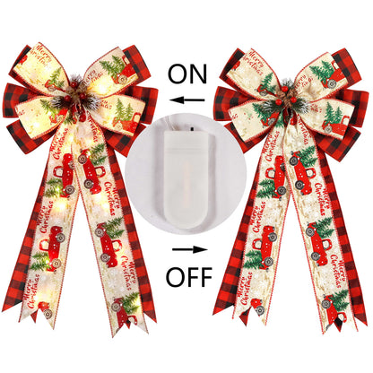 Christmas Tree Topper Bow with 30 LED Lights Decorations, 13”x25” Xmas Large Red Black Buffalo Plaid Rustic Farmhouse Wreath Bows with Truck Berries Pine Cones Pine Needles for Front Door Outdoor