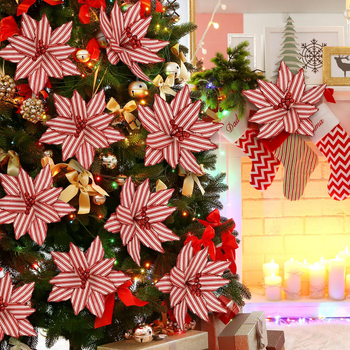 Soulchen 12 Pcs 12'' Red and White Christmas Poinsettia Candy Cane Poinsettia Christmas Tree Ornaments Peppermint Flower Tree with Stems Topper for DIY Xmas Wreath Garland Holiday Party Decor
