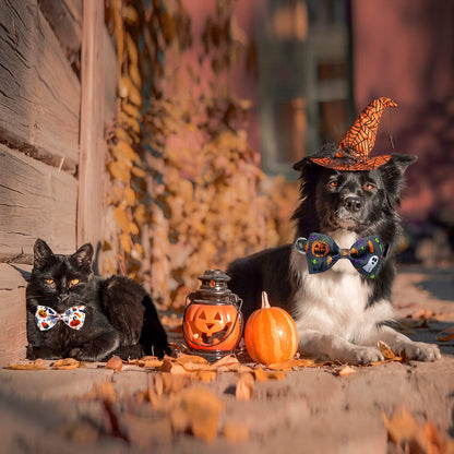 2 Pack Halloween Dog Collar with Bowtie, Holiday Jack-O-Lantern and Pumpkin Collar for Small Medium Large Dogs Pets Puppies (Large)