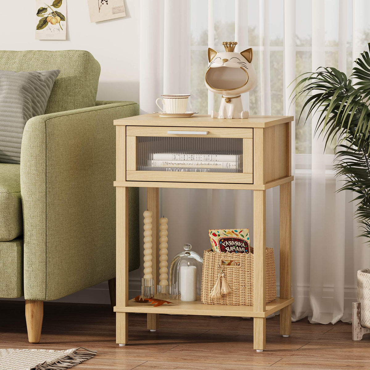 Nightstand Wooden Bedside Table with Drawer Natural Wood Night Stands Modern Style Small End Table Side Table with Storage Shelf for Bedroom Living Room MLBZ10YEV