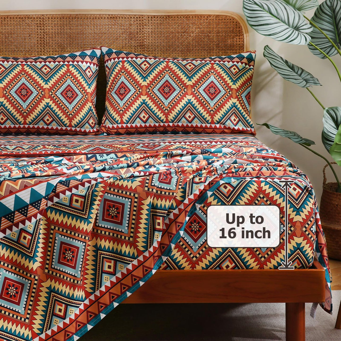 CozySmile 4 Pieces King Sheet Set Bohemian, Boho Sheets Soft Microfiber Deep Pocket, Western Sheets Geometric(King, Rust Turquoise Diamond)