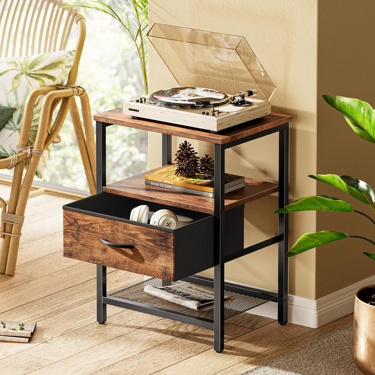 Huuger Nightstand Set of 2, Night Stand with Fabric Drawer, Mesh Shelf, Side Table with Storage, Fabric Drawer Dresser, Open Shelf, Metal Frame, Bedroom, Rustic Brown