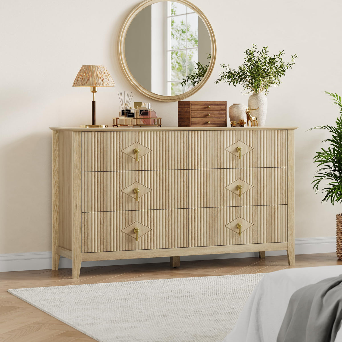 GarveeHome Fluted Dresser for Bedroom, 54 Inch Wide 6-Drawer Wood Dresser, Modern Chest of Drawers, Storage Organizer Cabinet for Living Room, Hallway, Entryway, Natural Oak