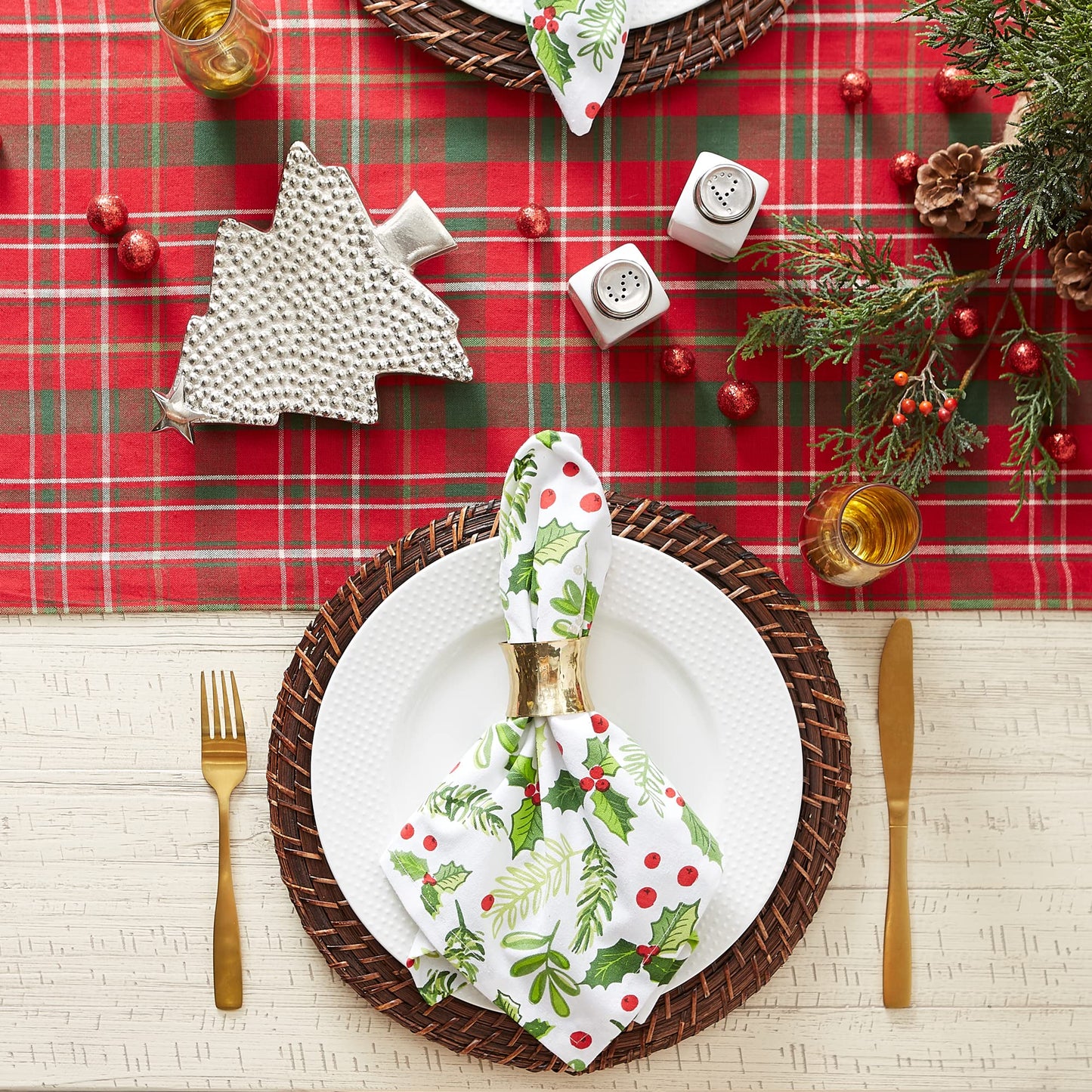 DII Holiday Dining Table Linen Collection Tartan Holly Plaid, Christmas Table Runner, 14x108, Red & Green
