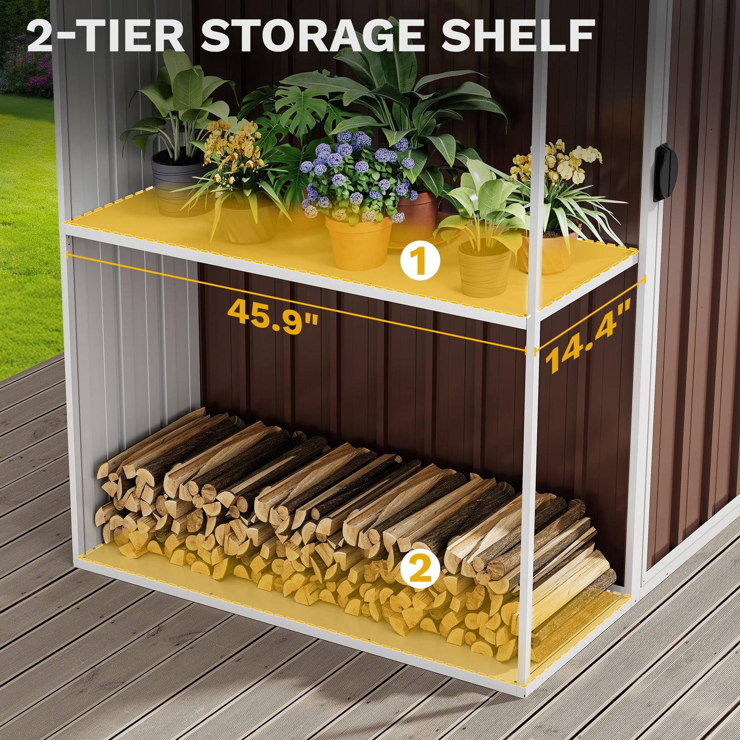 DWVO Outdoor Storage Shed 8x4FT with Rack, Metal Garden Shed with Storage Shelves, Bike Storage Tool Cabinet Box for Lawn Backyard Patio Use, Brown