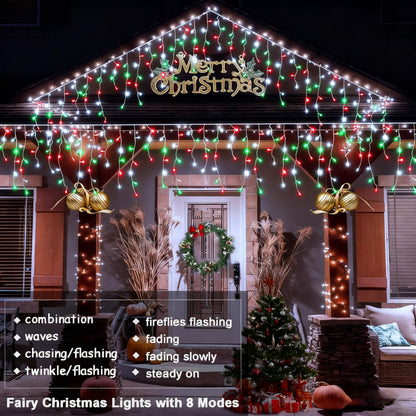 2 Pack Red White Green Christmas Icicle Lights Battery Operated, Total 204 LED Twinkle Icicle Lights 20Ft Clear Wire with 8 Lighting Modes Timer Function for Outdoor Indoor House Party Decoration