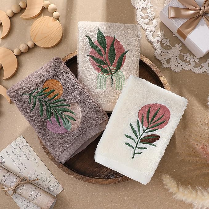 3 Pack Boho Leaves Hand Towels for Bathroom 100% Cotton Embroidered Bathroom