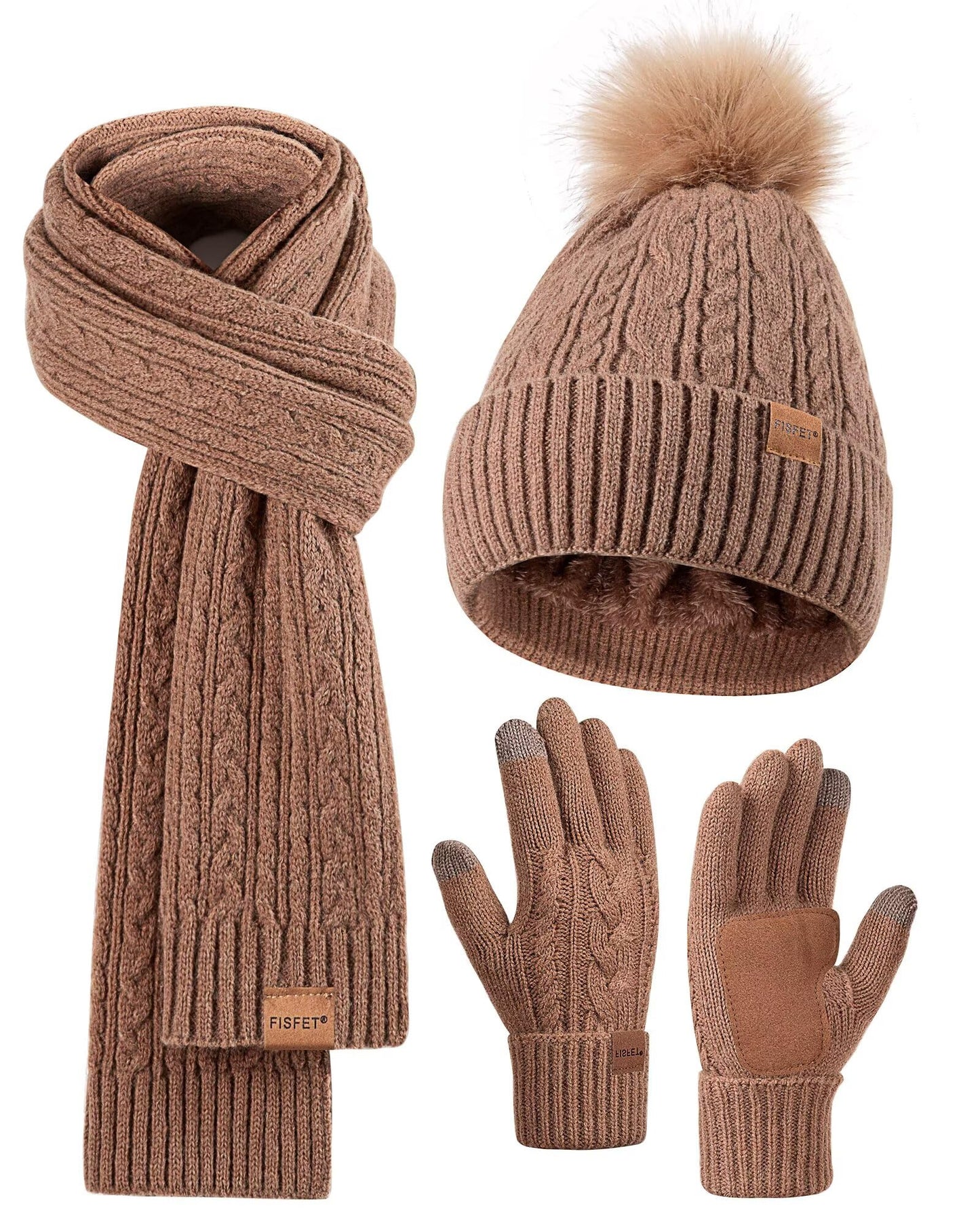 Winter Beanie Hat Scarf Gloves Set for Women, Pom Pom Beanie with Fleece Lined Long Knit Neck Warmer Fingers Touchscreen Gloves, Fashionable Cute Warm 3 in 1 Gift Set for Cold Weather(A-07) Camel